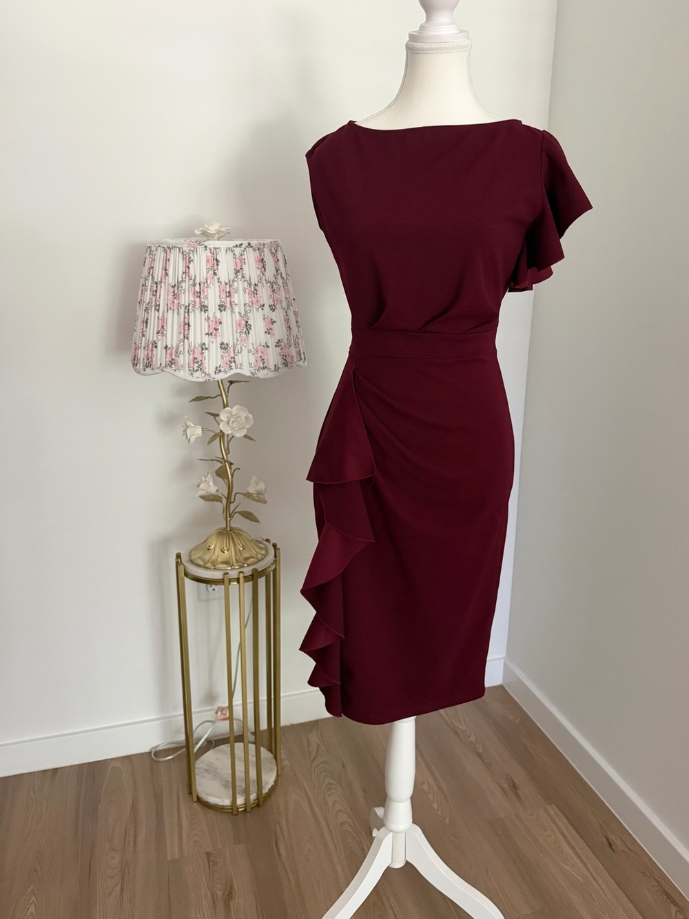 Aisize‎ Vintage Burgundy Midi Dress with Ruffle Detail